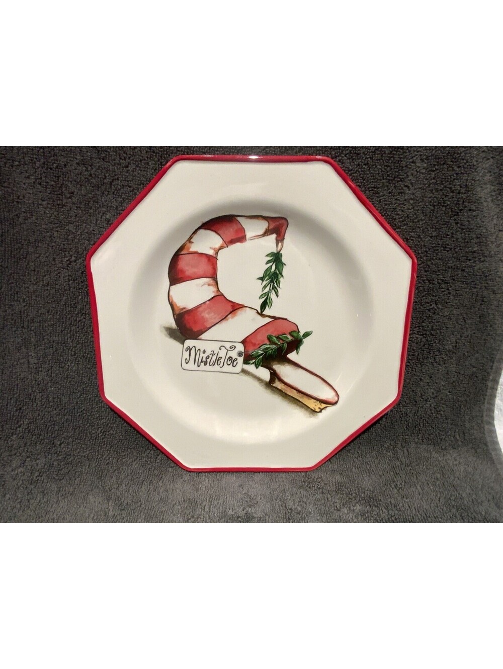 Magenta Christmas Mistletoe Red Shoe Octagon 8”D Desert Plate